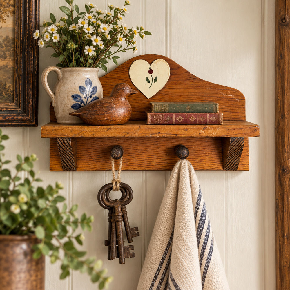 Solid Wood Wall Decor Shelf 7" Long Peg Hooks Rack Rustic Country Heart